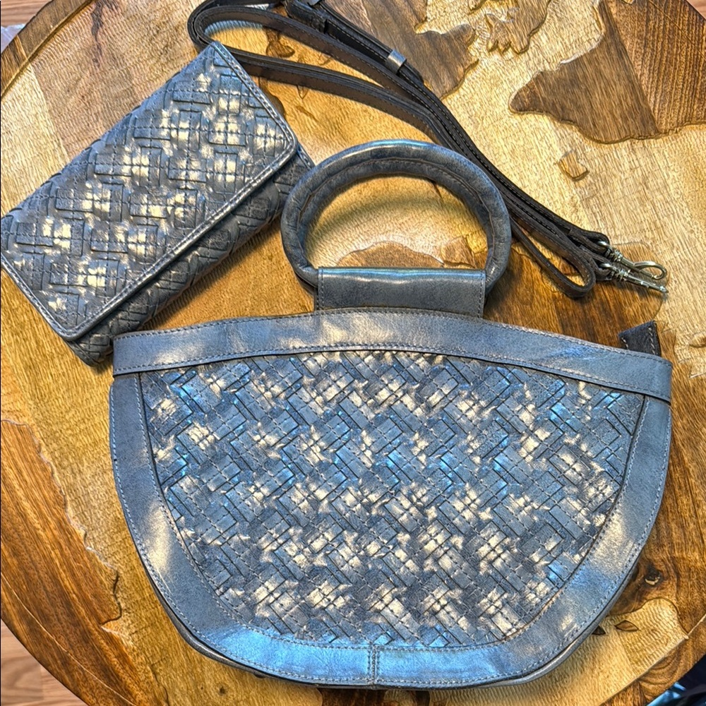 Elegant Woven Leather Handbag and Wallet Set - blue